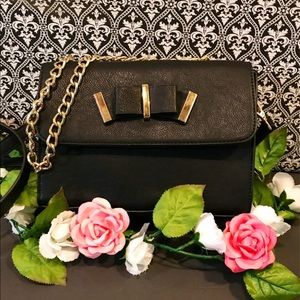 Black Cross Body Bag with Bow &  Gold Accents